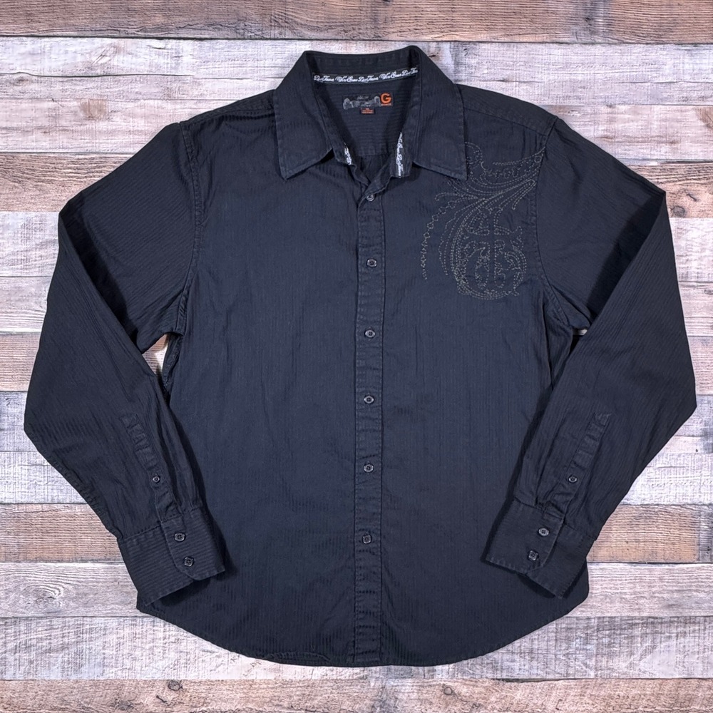 G by GUESS Mens XL Black Embroidered Long Sleeve Button Down Shirt‎